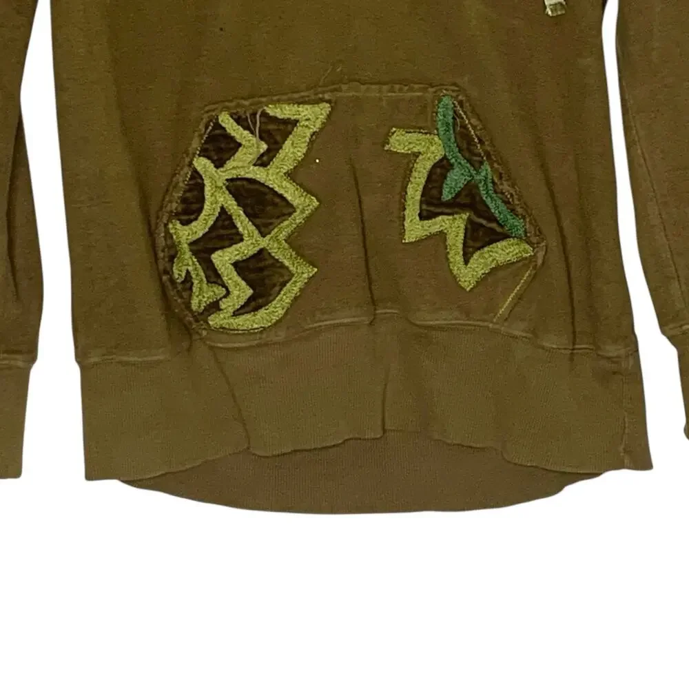 Free People Olive Green Hooded Sweatshirt with Embroidered Accents